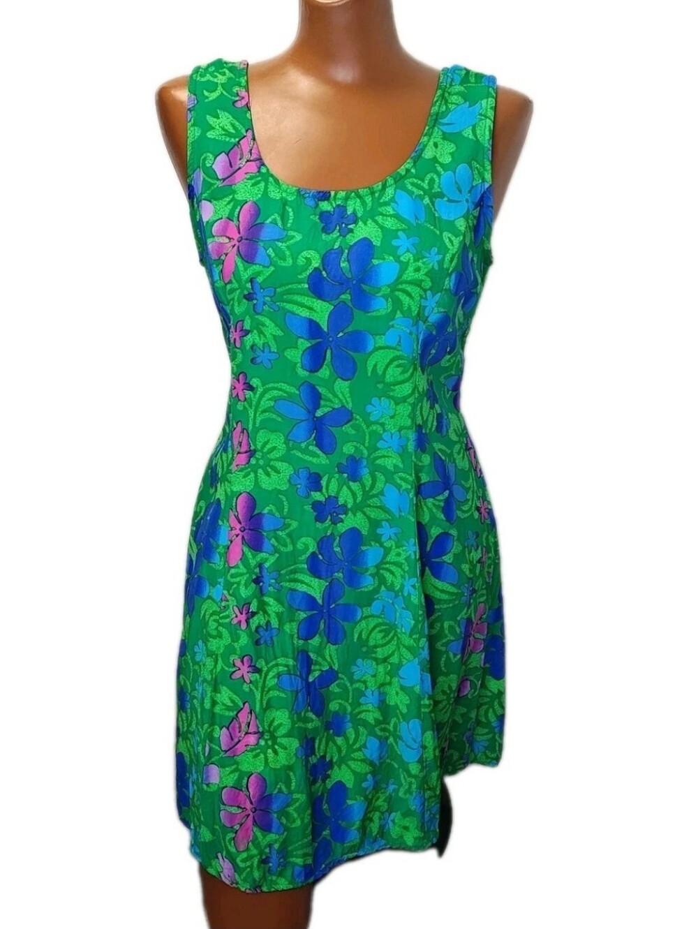 Big Hed Hawaiian Mini Dress Woman Size Small Green Tropical Floral Back Belted